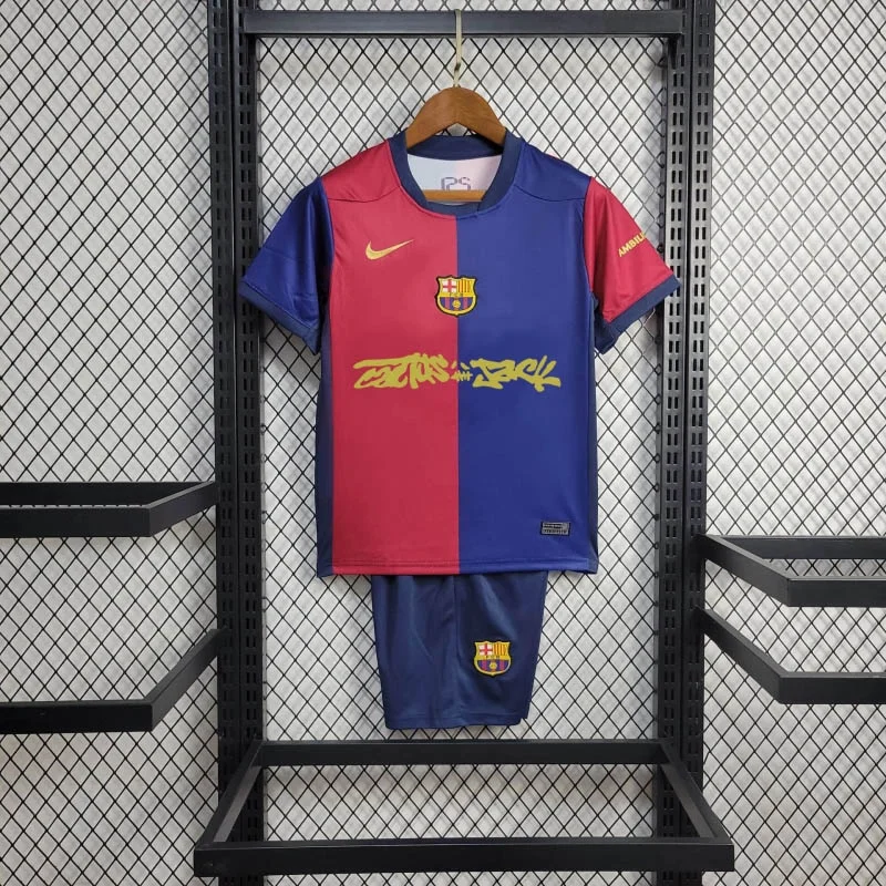 Kids 2025/26 Barcelona Home Travis Scott Joint Edition Black Soccer Jersey